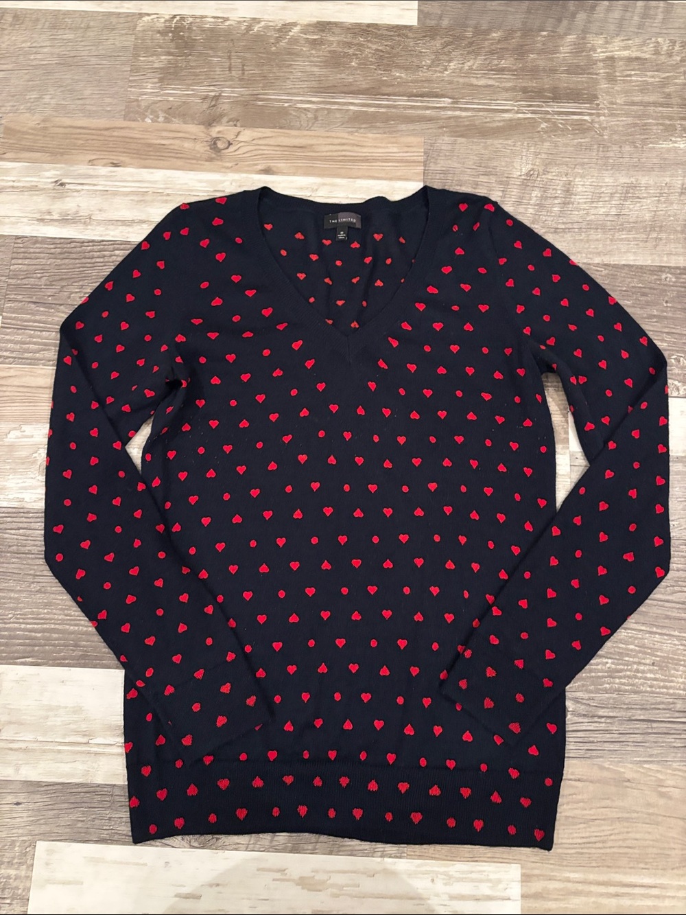 The Limited Black V-Neck Sweater with Red Heart Print